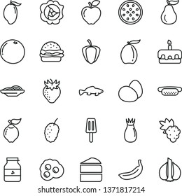 thin line vector icon set - eggs vector, mini hot dog, burger, slices of onion, piece cake, torte, small fish, popsicle, omelette, jar jam, grape, squash, quince, red apple, strawberry, rose hip