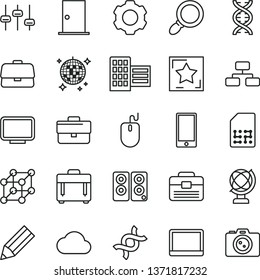 thin line vector icon set - briefcase vector, portfolio, ntrance door, city block, globe, case, smartphone, flowchart, SIM, pencil, notebook pc, mouse, monitor, speaker, magnifier, settings, cloud