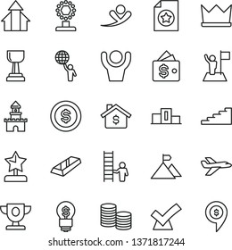 thin line vector icon set - coins vector, pedestal, prize, cup, gold, star reward, stairway, man hold world, growth arrows, with flag, mountain, certificate, ladder, bar, confirm, hands up, mortgage
