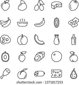 thin line vector icon set - measuring bottle for feeding vector, sausage, piece of cheese, hot porridge, chicken thigh, cabbage, sushi, popcorn, omelette, peach, ripe, apple, quince, red, rose hip