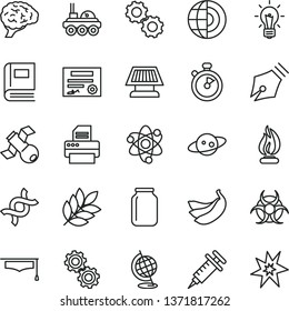 thin line vector icon set - bananas vector, jar, printer, atom, dna, bulb, brain, gears, satellite, book, biohazard, globe, flame, graduate hat, earth core, sun panel, saturn, lunar rover, biology
