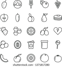 thin line vector icon set - broken heart vector, glazed cake with a hole, Chupa Chups, coffe to go, popsicle, jam, blueberries, apple, pancakes, honeycombs, ripe peach, grape, large, tasty, mulberry