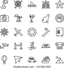 Thin Line Vector Icon Set - Plane Vector, Car Baggage, Taxi, Air Balloon, Hang Glider, Backpacker, Escalator, Rope Barrier, Palm Tree, Cocktail, Disco Ball, Starfish, Hotel, Camera, Pets, Safe