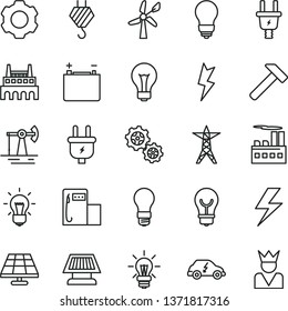 thin line vector icon set - lightning vector, matte light bulb, hook, hammer, solar panel, working oil derrick, modern gas station, wind energy, accumulator, power line, plug, electric, factory, sun