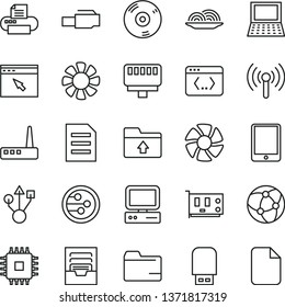 thin line vector icon set - folder vector, archive, upload, onion, computer, tablet pc, notebook, fan, cpu, card, usb, router, cd, printer, flash, network, browser, coding, lan connector, wireless