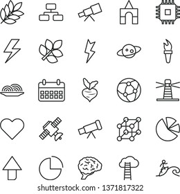thin line vector icon set - lightning vector, upward direction, pie chart, box of bricks, heart, flowchart, onion, beet, lighthouse, charts, calendar, cpu, network, telescope, brain, satellite