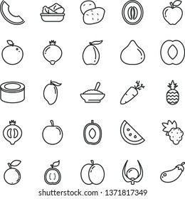 thin line vector icon set - canned goods vector, a bowl of buckwheat porridge, lettuce in plate, carrot, pineapple, orange slice, apple, grape, red, fig, medlar, half, blueberry, melon, mango, peach