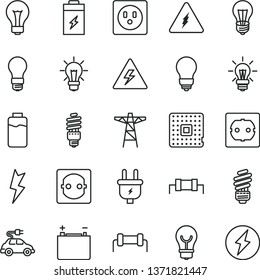 thin line vector icon set - danger of electricity vector, matte light bulb, saving, power socket type f, lightning, charge level, charging battery, accumulator, pole, plug, energy, electric car