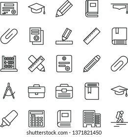 thin line vector icon set - clip vector, briefcase, graphite pencil, yardstick, book, e, abacus, portfolio, buildings, writing accessories, drawing, square academic hat, scribed compasses, graduate