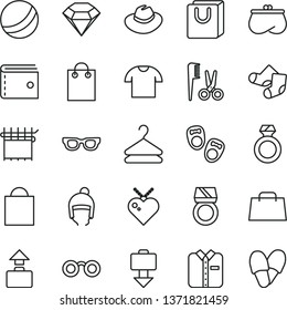 thin line vector icon set - paper bag vector, purse, hat, bath ball, accessories for a hairstyle, Knitted Socks, shoes little children, winter, with handles, T shirt, folded, hanger, cloth industry