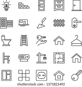 thin line vector icon set - a chair for feeding vector, house, dwelling, brick wall, building trowel, window, stepladder, comfortable toilet, laying out, power socket type f, door knob, ntrance