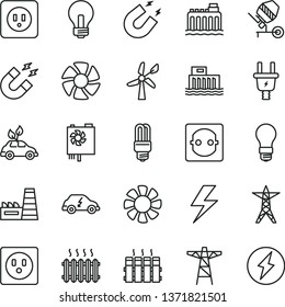 thin line vector icon set - lightning vector, incandescent lamp, concrete mixer, power socket type b, radiator, wind energy, light bulb, hydroelectric station, hydroelectricity, line, pole, mercury
