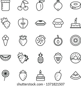 thin line vector icon set - cake vector, birthday, with a hole, glazed, pie, lollipop, cone, jam, strawberry, strawberries, pineapple, cherry, grape, branch of, tasty apple, raspberry, medlar, half