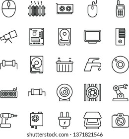 thin line vector icon set - camera vector, cordless drill, faucet mixer, lens, battery, plug, assembly robot, cast iron radiator, mobile phone, fan, mouse, keyboard, pc power supply, tower, gpu card