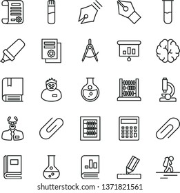 thin line vector icon set - clip vector, calculator, new abacus, e, drawing, round flask, scribed compasses, text highlighter, book on statistics, research article, scientific publication, test tube