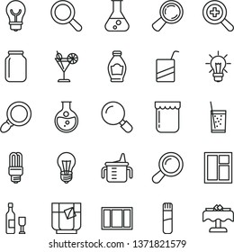 thin line vector icon set - magnifier vector, zoom, measuring cup for feeding, e, window, frame, bulb, a glass of soda, tea, cocktail, jam, bottle, round flask, mercury light, jar, test tube, wine