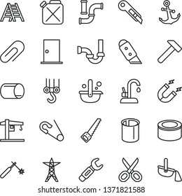 thin line vector icon set - scissors vector, clip, open pin, crane, winch hook, arm saw, ladder, sewerage, ntrance door, knife, stationery, kitchen faucet, hammer, anchor, canned goods, water pipes