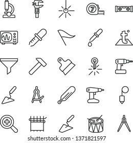 thin line vector icon set - zoom vector, wind direction indicator, mercury thermometer, drum, trowel, building, cordless drill, long meashuring tape, level, plummet, putty knife, temperature, hammer