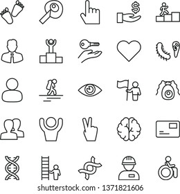 thin line vector icon set - women vector, children's tracks, workman, employee, heart, index finger, eye, pass card, man, get a wage, dna, brain, bactery, artifical insimination, winner podium