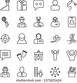 thin line vector icon set - image of thought vector, footprints, builder, employee, operator, folded shirt, racer, gas welding, man, in sight, think, scientist, winner stairway, hold world, hands up