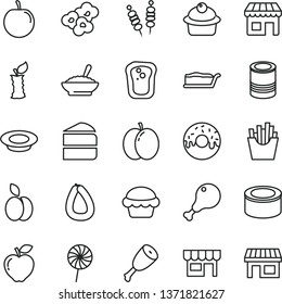 thin line vector icon set - kiosk vector, stick of sausage, canned goods, tin, fried vegetables on sticks, cake, muffin, piece, slice, glazed with a hole, bowl buckwheat porridge, plate milk, thigh