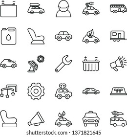 thin line vector icon set - truck lorry vector, horn, toys over the cot, Baby chair, car child seat, motor vehicle, present, big solar panel, accumulator, battery, racer, canister of oil, eco, retro