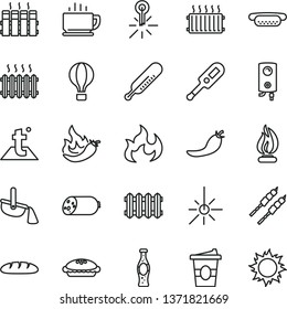 thin line vector icon set - electronic thermometer vector e, mercury, temperature, radiator, new, boiler, coffee, sausage, loaf, mini hot dog, pie, barbecue, coffe to go, bottle of soda, red pepper