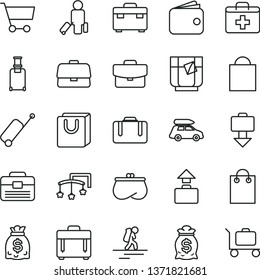 thin line vector icon set - paper bag vector, first aid kit, toys over the cot, portfolio, suitcase, case, with handles, a glass of tea, cart, briefcase, wallet, purse, dollars, money, car baggage