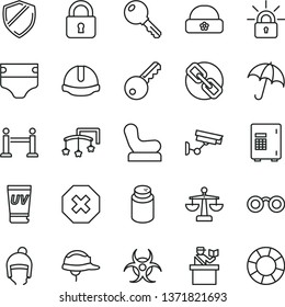 thin line vector icon set - mark of injury vector, spectacles, scales, toys over the cot, diaper, powder, Baby chair, winter hat, warm, construction helmet, lock, key, umbrella, encrypting, glasses