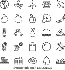 thin line vector icon set - saving light bulb vector, drop, porcini, cabbage, apple, pear, yellow lemon, delicious, peas, big solar panel, leaves, leaf, windmill, planet Earth, hydroelectric station