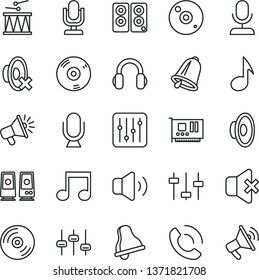 thin line vector icon set - bell vector, desktop microphone, loudspeaker, silent mode, drumroll, CD, regulator, volume, no sound, phone call, pc card, headphones, speaker, note, settings
