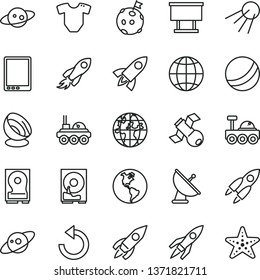 thin line vector icon set - counterclockwise vector, t short, bath ball, earth, artificial satellite, planet, billboard, rocket, space, tablet pc, hdd, antenna, saturn, lunar rover, flag on moon