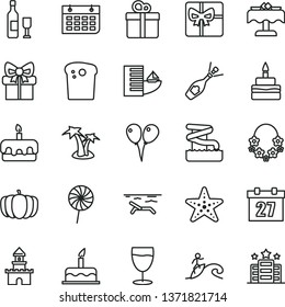 thin line vector icon set - daily calendar vector, colored air balloons, cake, gift, Easter, torte, birthday, lollipop, glass, pumpkin, wall, giftbox, sand castle, wine, champagne, hotel, beach