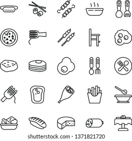 thin line vector icon set - plates and spoons vector, a chair for feeding, plastic fork, iron, sausage, cheese, pizza, mini hot dog, spaghetti, noodles, porridge, lettuce in plate, grill chicken leg