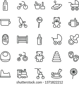 thin line vector icon set - baby cot vector, dummy, mug for feeding, bottle, measuring, bib, stroller, carriage, summer, sitting, stacking rings, roly poly doll, toy sand set, children's potty, yule