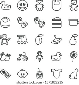 thin line vector icon set - bib vector, baby, Child T shirt, rubber duck, duckling, warm socks, toy mobile phone, children's potty, teddy bear, small, hairdo, train, yule, bicycle, piece of cake