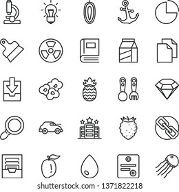 thin line vector icon set - clean paper vector, spectacles, pie chart, archive, download data, plastic fork spoons, putty knife, drop, anchor, package, popcorn, tasty raspberry, ripe plum, pineapple