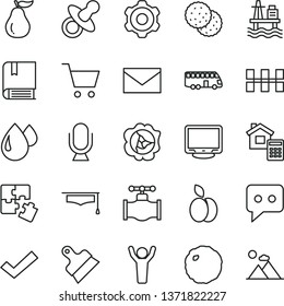 thin line vector icon set - envelope vector, check mark, dummy, Puzzles, e, cogwheel, ceramic tiles, estimate, putty knife, microphone, cabbage, apple, biscuit, squash, ripe guava, sea port, valve