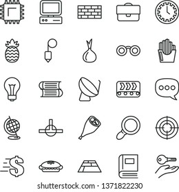 thin line vector icon set - matte light bulb vector, clock face, dollar, books, brickwork, plummet, paving slab, pie, grill chicken leg, fried potato slices, pineapple, onion, conveyor, smd, speech