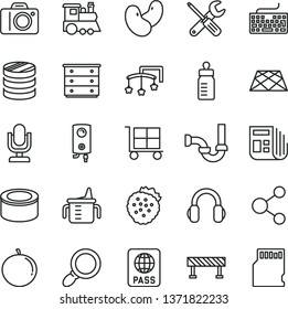 thin line vector icon set - desktop microphone vector, camera, cargo trolley, keyboard, toys over the cot, chest of drawers, measuring cup for feeding, bottle, children's train, small tools, boiler