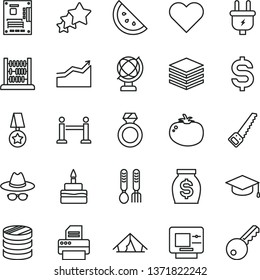 thin line vector icon set - hat with glasses vector, iron fork spoons, abacus, arm saw, heart, globe, pile, square academic, birthday cake, tomato, orange slice, plug, column of coins, money, atm