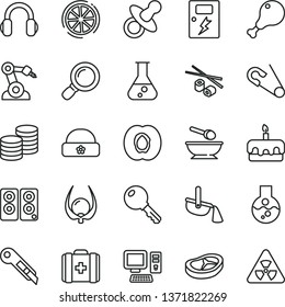 thin line vector icon set - dummy vector, open pin, medical bag, deep plate with a spoon, warm hat, dangers, stationery knife, key, coins, torte, chicken leg, bacon, Chinese chopsticks, half apricot