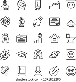 thin line vector icon set - dwelling vector, portfolio, comfortable toilet, power socket type b, f, spatula, electronic boiler, atom, book, magnet, flame, satellite antenna, saturn, biology, ink pen