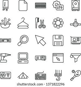 thin line vector icon set - keyboard vector, accessories for a hairstyle, winch hook, cordless drill, building level, electronic boiler, hanger, metallurgy, water filter, computer, fan, pc card, hdd