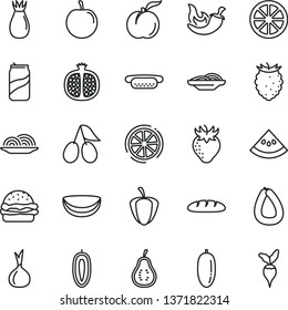 thin line vector icon set - stick of sausage vector, loaf, mini hot dog, burger, onion, slices, chili, soda can, ripe peach, half pomegranate, strawberry, rose hip, cornels, tasty raspberry, plum