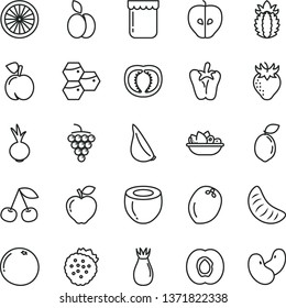 thin line vector icon set - a plate of fruit vector, peper, beet, garlic, jam, strawberries, apple, honeycombs, cherry, peach, half apricot, large grape, red, tasty, strawberry, rose hip, sour lime
