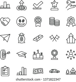 thin line vector icon set - survey vector, pedestal, coins, bar chart, hand shake, cup, star reward, growth arrows, graduate, purpose, medal, with pennant, gold, cross flags, arm key, vote check