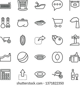 thin line vector icon set - cradle vector, measuring cup for feeding, bath ball, children's bathroom, plastic fork spoons, garden trolley, building, speech, move up, right, slices of onion, cart
