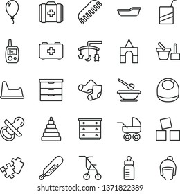 thin line vector icon set - toys over the cradle vector, storage unit, chest of drawers, nipple, feeding bottle, baby bib, carriage, sitting stroller, mercury thermometer, bath, comb, stacking toy