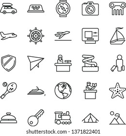 thin line vector icon set - earth vector, plane, train, car baggage, sail boat, taxi, hang glider, passenger, passort control, departure, atm, tent, aquapark, starfish, camera, tennis, key, shield